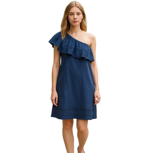 Abercrombie & Fitch Navy Lace Eyelet Ruffle One Shoulder Mini Dress - Large - Picture 1 of 9